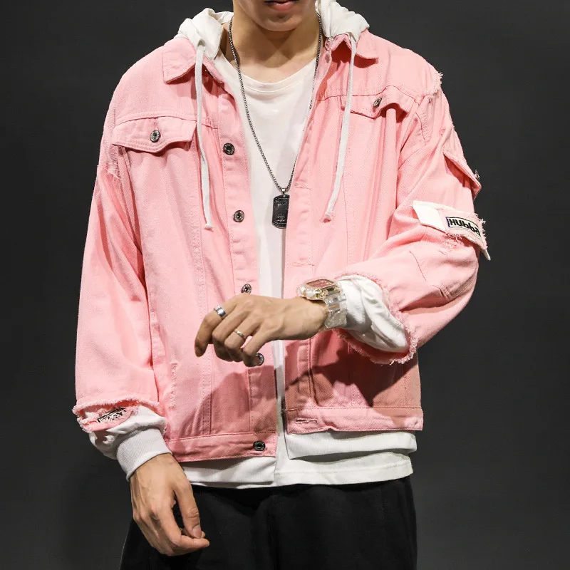 

Jeans Coat Korean-style Loose-Fit Mock Two-Piece Hooded Denim Jacket Detachable Hat Cowboy Wearing Black Cloth Wall