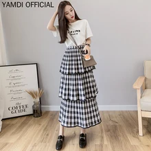 YAMDI Женские клетчатые юбки женские повседневные корейские слои с высокой талией Лето Осень шаблон Tyle дамы торт юбка шикарные Макси лыжные