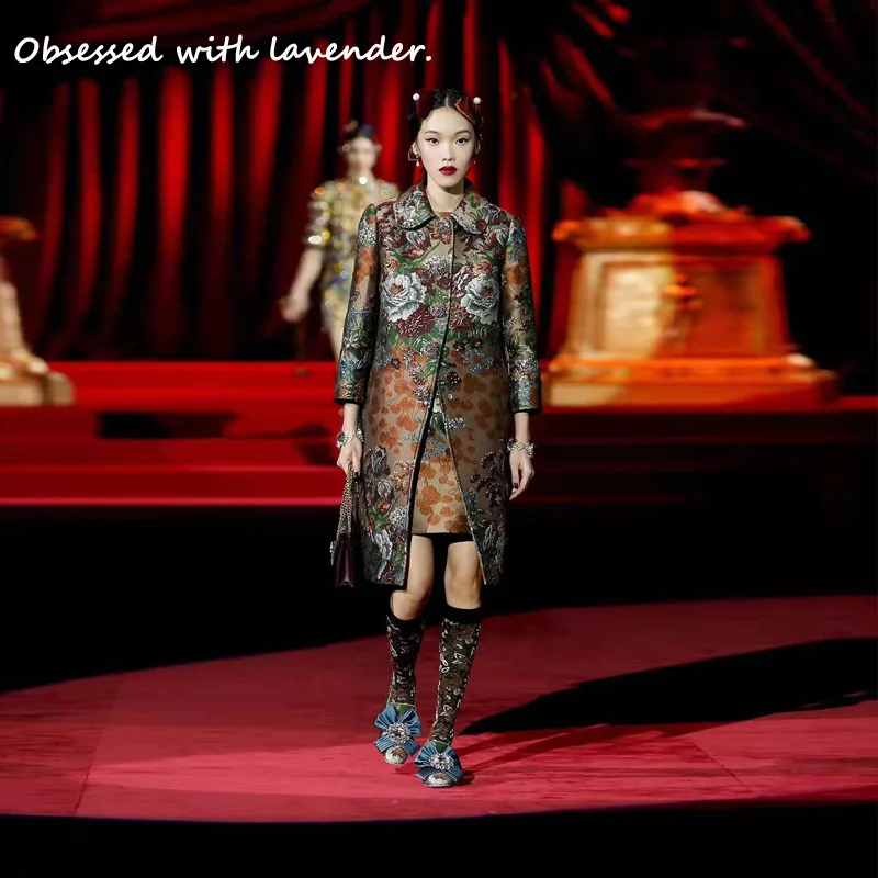 

designer high-end women autumn winter 2 piece set diamonds button flower print wool overcoat + dress fashion suit