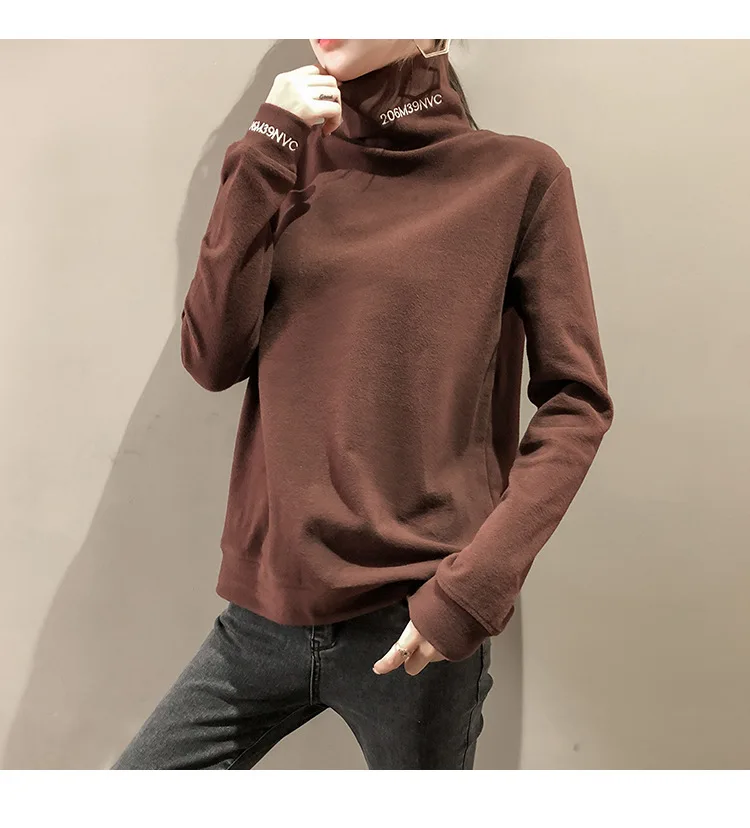 Dark Brown Новая модная женская футболка осень зима двухсторонняя бархатная Нижняя рубашка Топ сложенный воротник щеткой женская футболка - Цвет: Dark Brown
