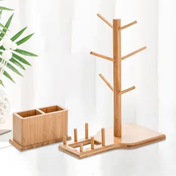 

Display Stand Space Saving Household Desktop Tree Shape 6 Hooks Anti Slip With Storage Box Removable Bamboo Mug Rack Dining Room
