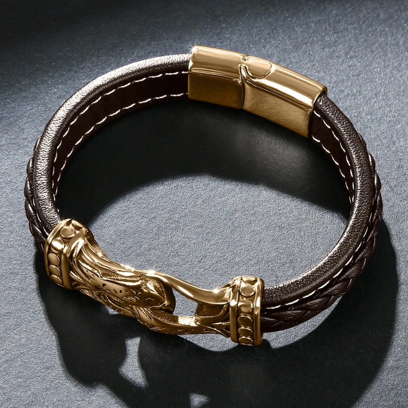 Punk Men Genuine Leather Stainless Steel Handmade Jewelry Leather Bracelet Stainless Steel Bracelet