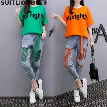 

2020 Spring Summer Cotton Two Piece Set Letter Print Loose Solid Pullover T Shirt Ropa Mujer Hole Denim Pencil Pants 2 Piece Set