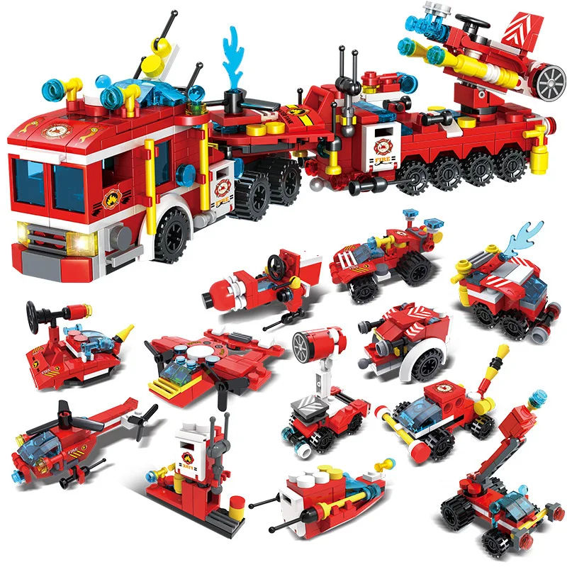 

12in1 Fire City Truck Sets Building Block Blocks Fighting Helicopter Firefighter Fire Station Architecture Brick Children Toys