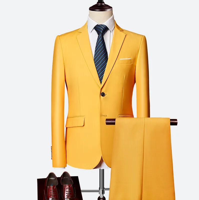 Yellow Пиджак+ брюки, новые мужские деловые тонкие костюмы, одноцветные Свадебные офисные костюмы из двух частей, блейзеры, пальто, брюки, жилет - Цвет: Yellow