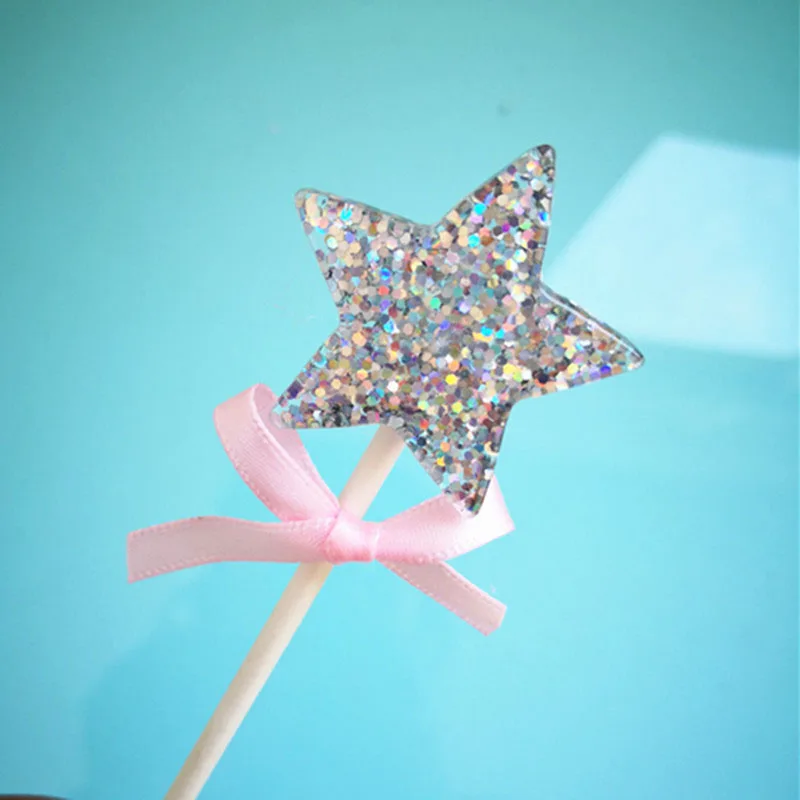 Glitter Resin Star Heart Cupcake Toppers Cake Picks for Wedding & Engagement Party Decoration Valentines Cake Baking Supplies