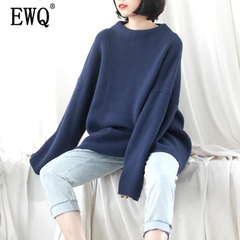

[EWQ] Fashion New 2020 Round Neck Loose Casual Solid Sweater Trendy Vintage Spring Autumn Women Knitting Clothes BE091