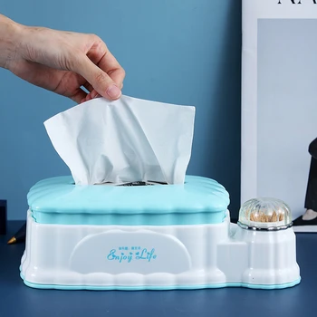 

Retractable Tissue Box Plastic Multifunctional Tissue Box with Toothpick Cube Cotton Swabs Holder Storage Box Tissue Organizer