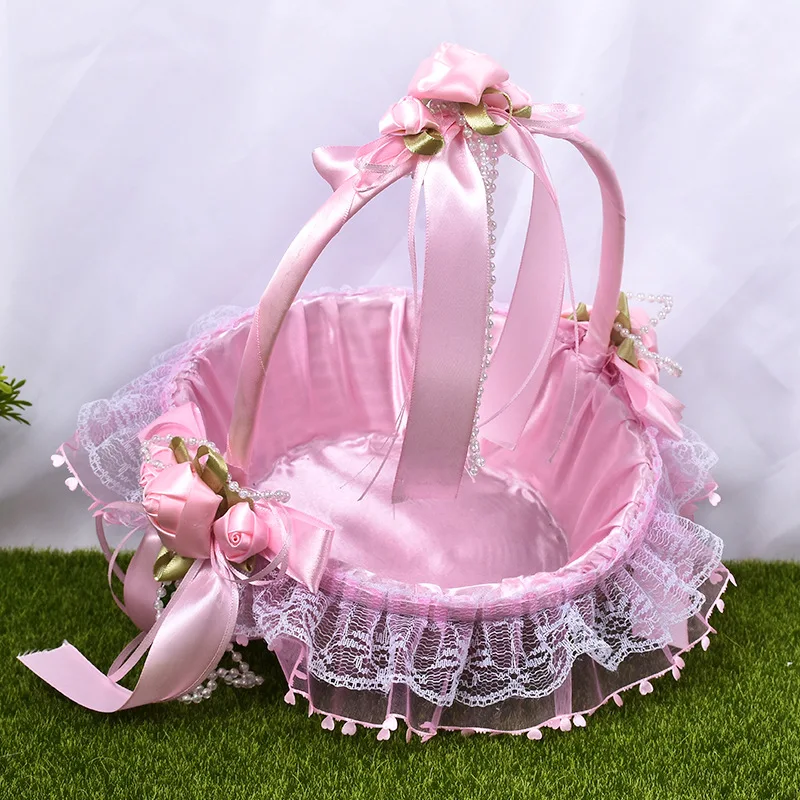 Pink Blue Flower Girl Baby Hold basket bloemenmeisje mandje Satin with Lace Wavy edge cestas de boda