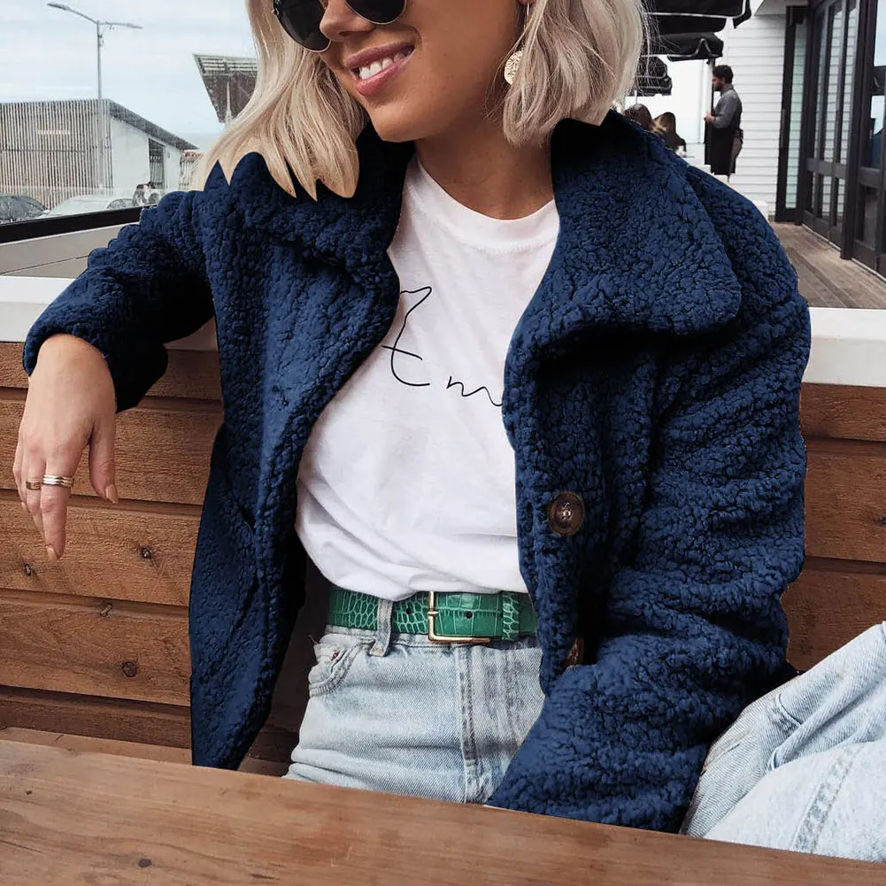 Chaquetas mujer, новинка, Женский флисовый кардиган, теплая куртка, куртка женская, топ с отворотом, длинный рукав, одноцветная куртка на пуговицах