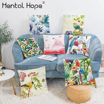 

Cartoon Bird Flamingo Printed Cushion Cover Leaves Pattern Throw Pillow Cover Home Decor Plush Living Room Decorative Pillowcase