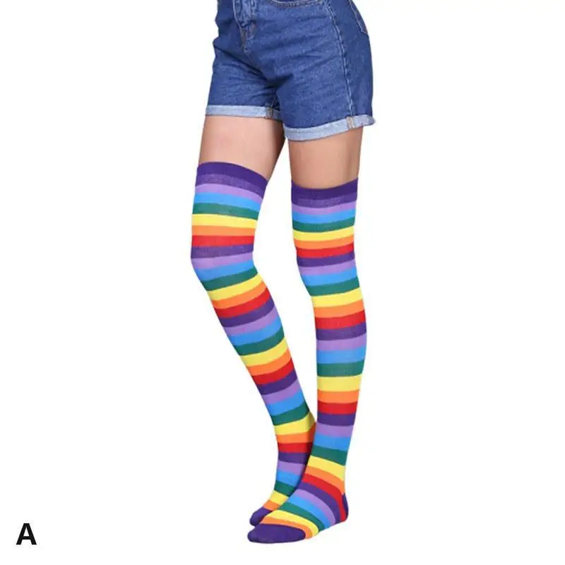 Цветные радужные женские носки в полоску, гольфы для женщин и девочек, гетры выше колена, Мягкие вязаные носки, хлопковые гетры, вечерние - Цвет: A