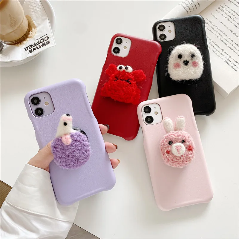 Luxury Pure Color Leather Phone Case Fuzzy Holder For iPhone 11 Pro Max 7 8 Plus SE 2020 X XR XS Soft Cover Kickstand | Мобильные