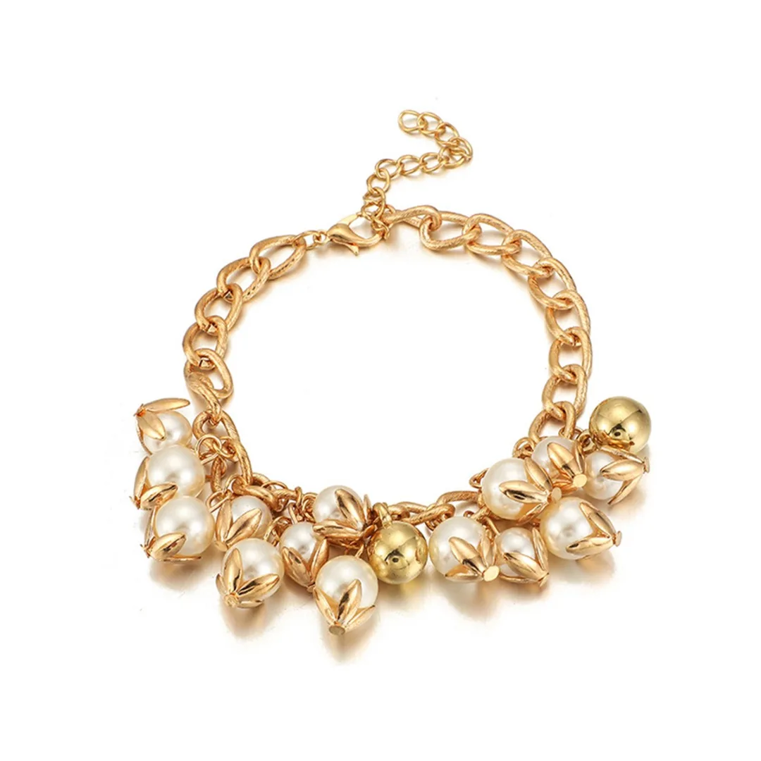 

Women Trendy Imitation Pearl Beads Bracelet Simple Elegant Pearl Link Chain Gold Bracelet Bangle Wedding Party Jewelry