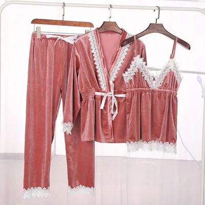 pink set Fiklyc Нижнее белье женские зимние Бархатные Комплект из трех предметов; купальный халат+ Топы+ штаны, пижамные комплекты Женская сексуальная одежда для сна, пижамный комплект для детей, Лидер продаж - Цвет: pink set