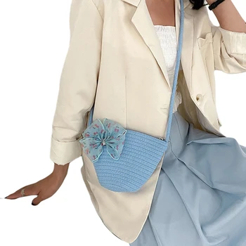 

Summer Beach Holiday Straw Bucket Bag Cute Handwoven Summer Shoulder Beach Bag with Big Bow for Women Girls