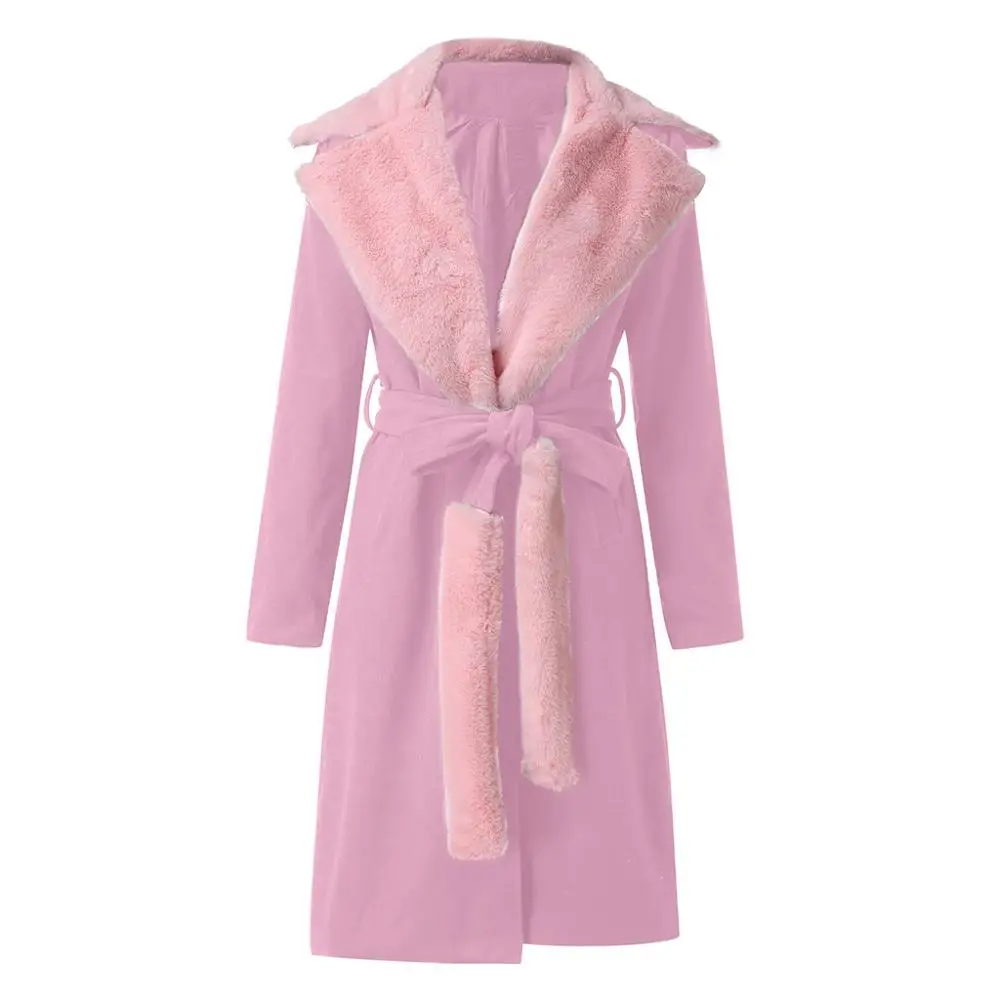 Модная женская теплая зимняя куртка средней длины с отложным воротником и искусственным мехом, с поясом, розовая однотонная парка в стиле пэчворк с карманами, 4 - Цвет: Розовый