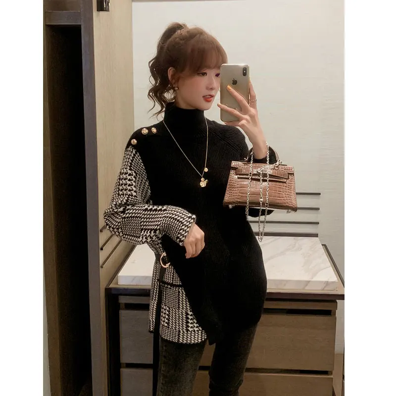 

Women Houndstooth Patchwork Pullover Sweater Women Full Sleeve Half-turtleneck Buttons Korean Fashion Office Tops Sweaters 2020
