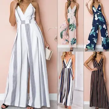 

Women Temperament Leisure Floral Leaf Stripe Print Deep V Neck Wide Legs Strappy Jumpsuit Romper Wide legs style perfect gifts