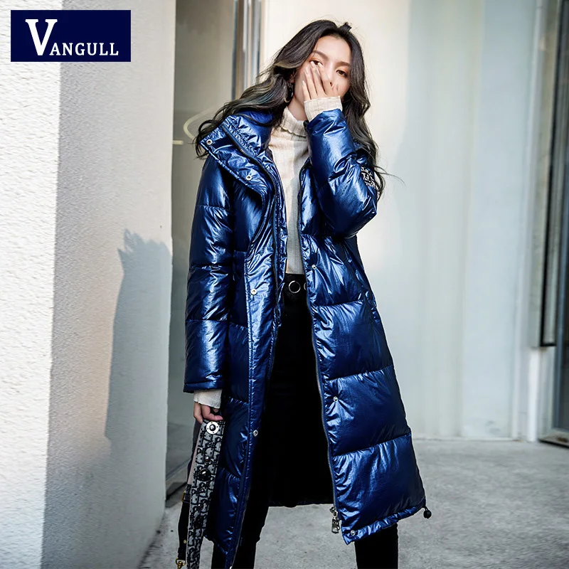 Blue Vangull/зимняя блестящая женская куртка-парка с большим меховым воротником, длинные пальто с капюшоном, новые модные однотонные парки, теплая свободная хлопчатобумажная одежда - Цвет: Blue