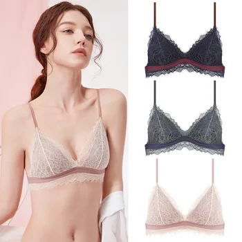 

French Triangle Cup Female Bra Small Chest Gathered Wireless Embroidery Lace Eyelash Bras With Briefs Two Pieces Set Underwear
