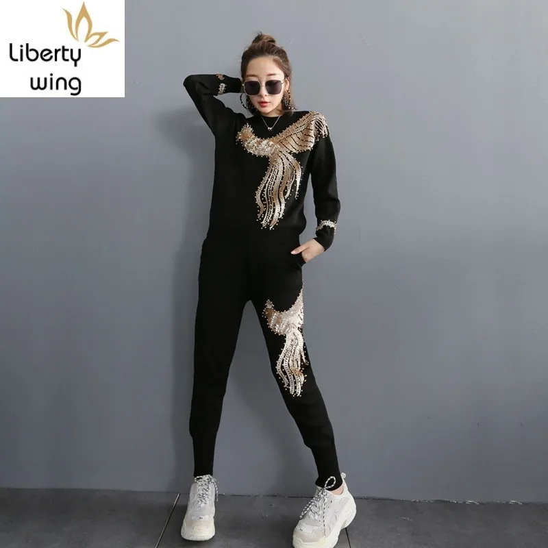 

European Phoenix Embroidery Sequins Womens Kintting Set 2Pieces Long Sleeve O-Neck Pullover Tees Top Elastic Waist Jogging Pants