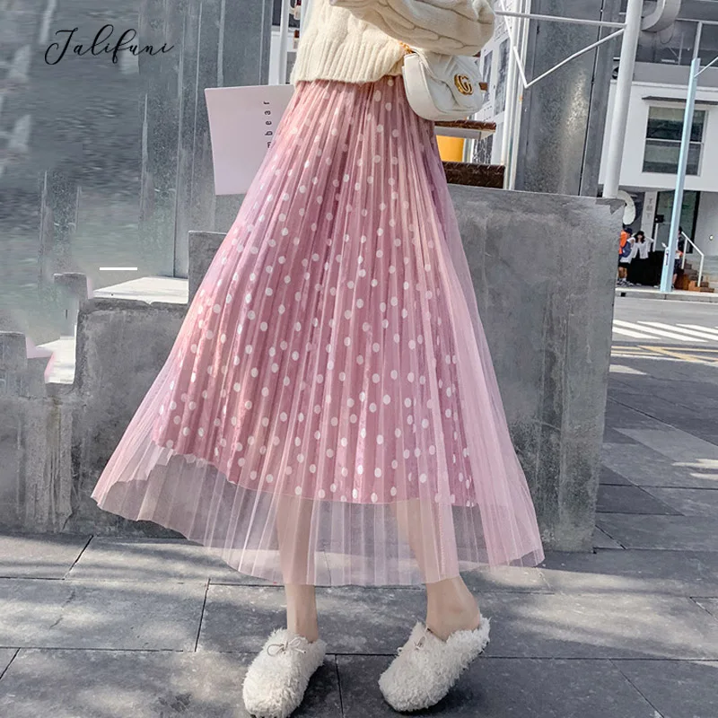 Осенние повседневные шикарные плиссированные розовые длинные тюлевые юбки в горошек, женские сексуальные эластичные модные вечерние юбки до середины икры с высокой талией