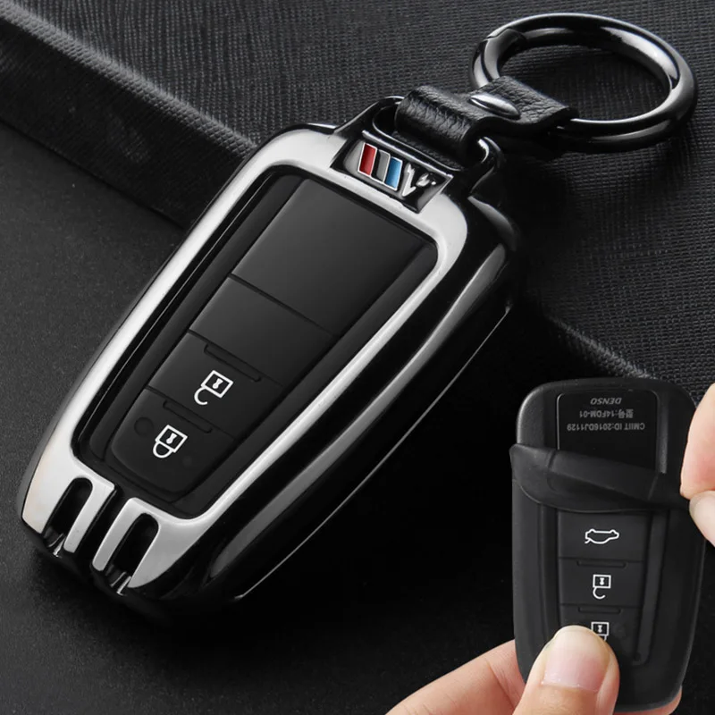Цинковый сплав fob чехол для дистанционного ключа автомобиля чехол для Toyota Camry Corolla CHR Prado RAV4 Prius 2 3 кнопки автомобильный Стайлинг ключ сумка оболочка - Название цвета: B black ring set