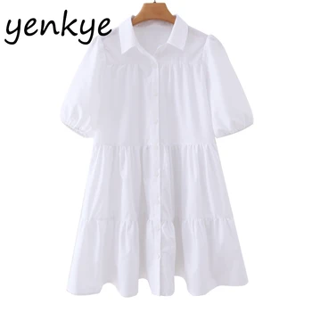 

Fashion 2020 Women Lapel Collar Short Sleeve White Dress Summer Streetwear Casual Plus Size Dress Short vestido XZWM20010