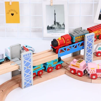 

Wooden Train Tracks Railway Toys Set Wooden Double Deck Bridge Wooden Accessories Overpass Model Kid's Toys Children's Gifts