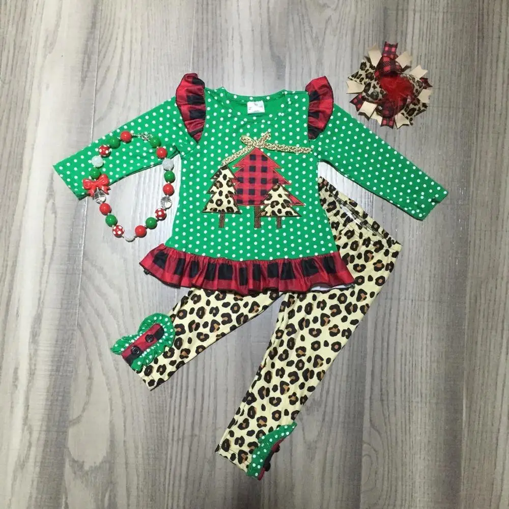 Зимняя одежда для маленьких девочек с рождественской елкой, леопардовые клетчатые наряды, Хлопковые Штаны, детская одежда, изысканные комплекты с оборками, подходящие аксессуары