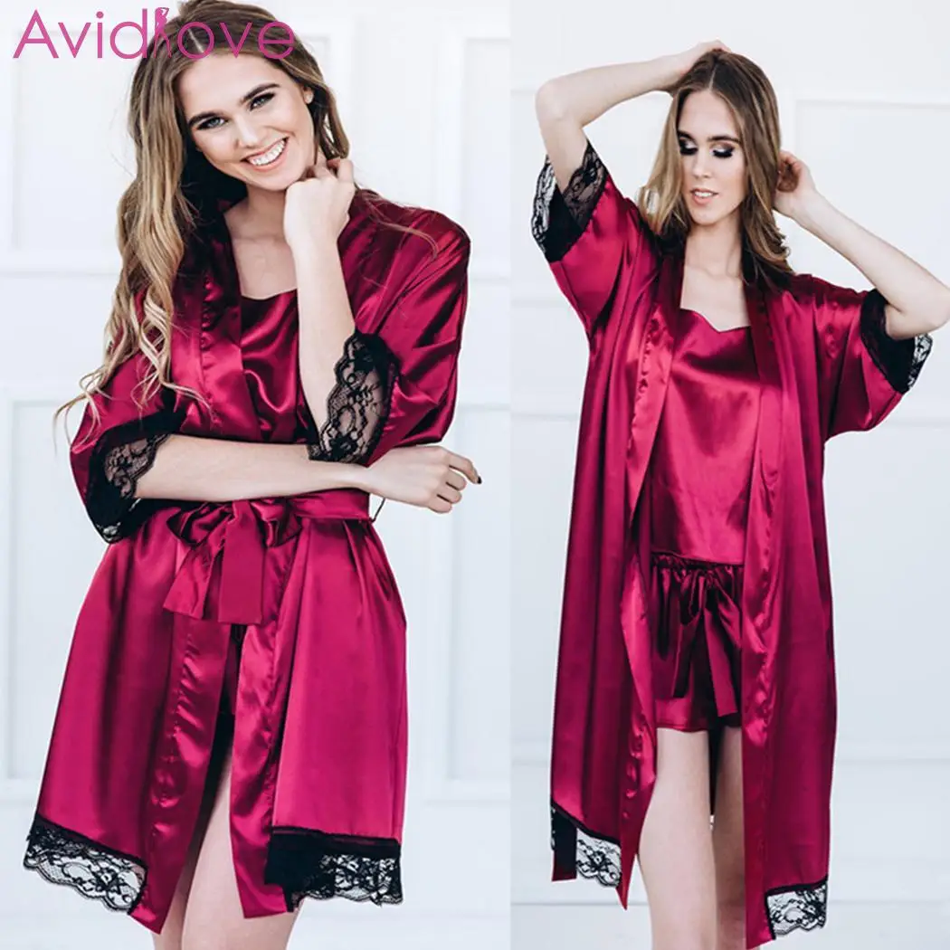 Women Sexy Lingerie Set Satin Lace Patchwork Kimono Bathrobe Babydoll Chemises Female Lace-up Temptation Erotic Nightdress