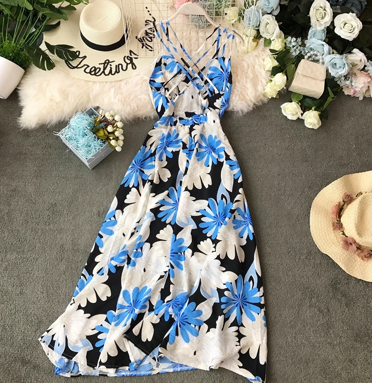 Платье богемное Flroal Vestido сексуальное летнее платье с v-образным вырезом женское без рукавов с открытой спиной пляжное стильное ТРАПЕЦИЕВИДНОЕ длинное платье AE833