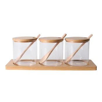 

3pcs Glass Seal Cans with Spoon Set Glass Seasoning Jars Kit Bamboo Wood Lid Condiment Pot Kitchen Seasoning Boxes Set