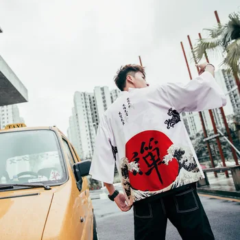 

Japanese Streetwear Kimono Sun Protection Clothing Feather Woven Thin Coat Collarless Shirt Short Sleeve Jacket Five Sleeves