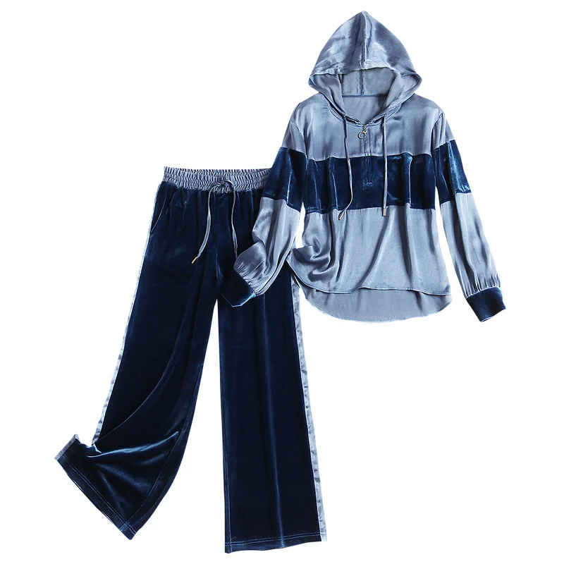 

Women casual active pants suit hooded color block tops and blouse + elastic waist VELVET long pant two piece set new 2019 AUTUMN