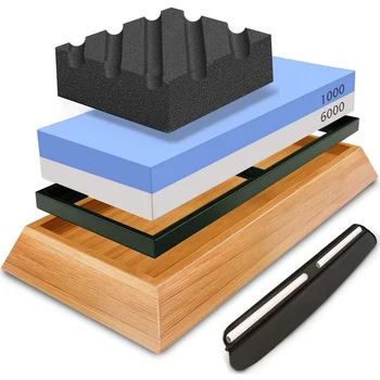 

Whetstone Sharpener,1000/6000 Waterstone Compacted Stone Kitchen Sharpener with Angled Rail and Non-Slip Bamboo Base