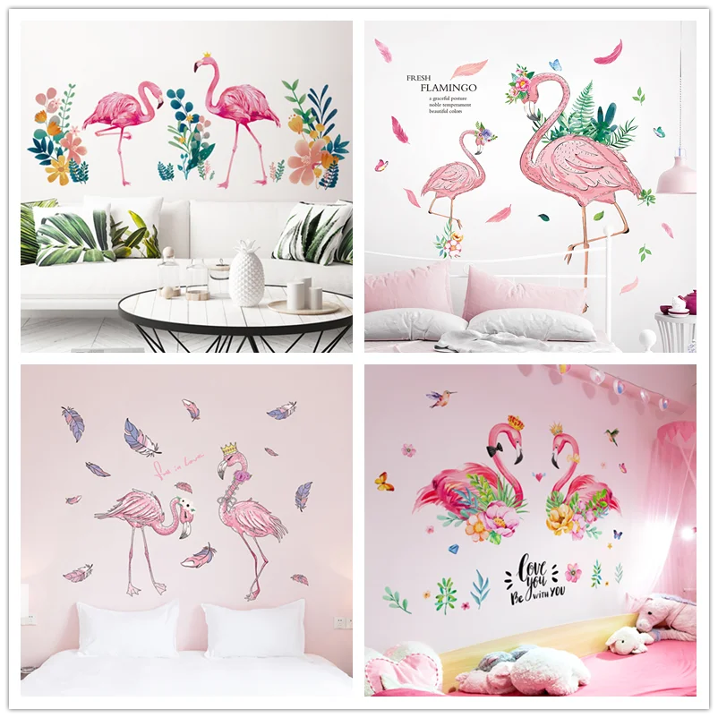 [Shijuekongjian] Фламинго, виниловые наклейки на стену, сделай сам, Мультяшные птицы, животные, домашний декор, наклейка для детской комнаты, украшения для детской спальни