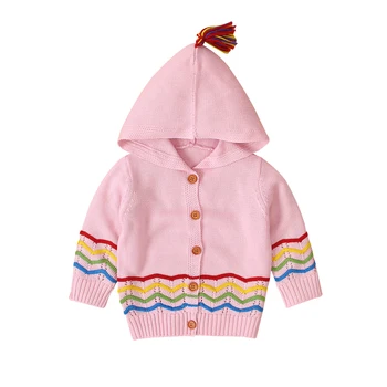 

0-18 Months Casual fashion cute girl spring and autumn knit striped long-sleeved hooded jacket