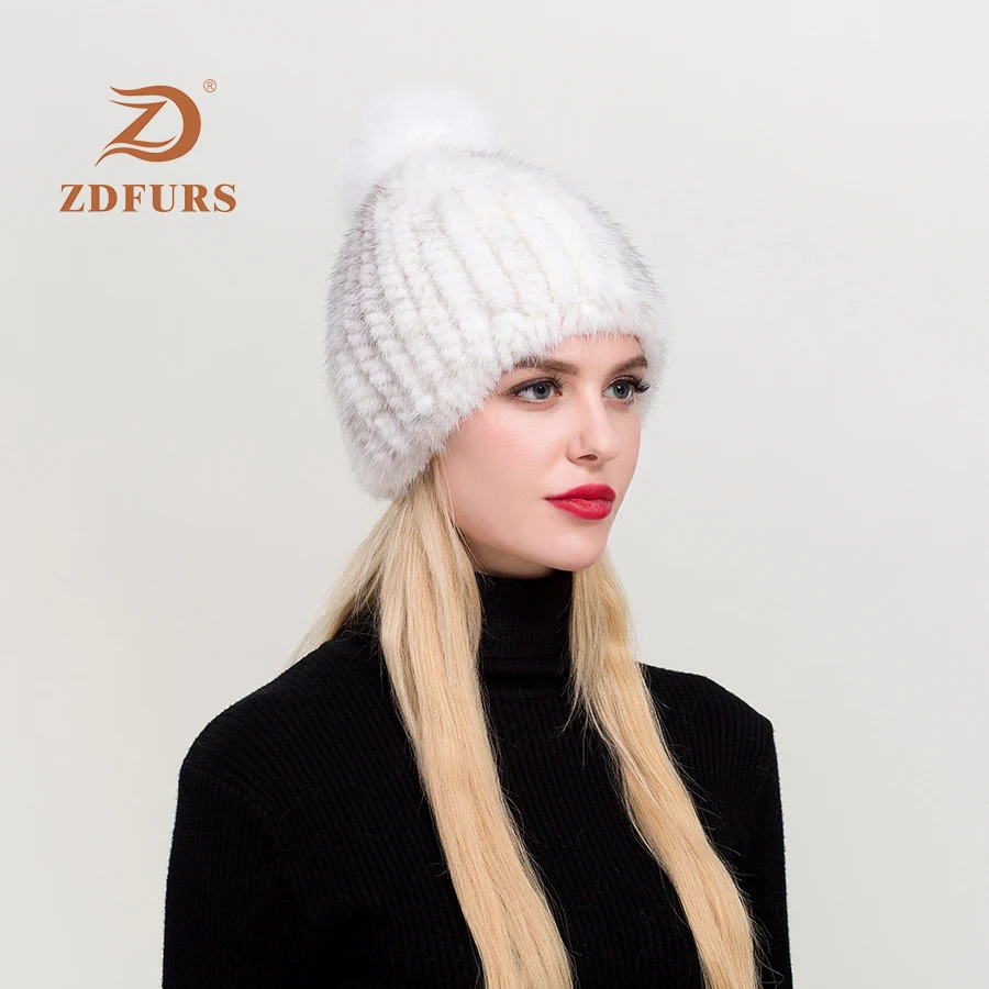 ZDFURS* Натуральная норковая меховая шапка для женщин новые брендовые утепленные женские меховые шапки женские зимние вязаные шапочки с мехом норки помпоны из лисьего меха шапка