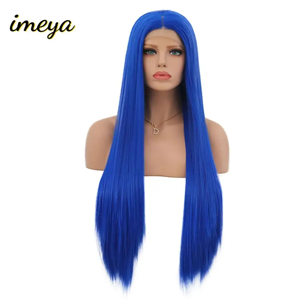 

Imeya Heat Resistant Fiber Hair Wig Blue Color Silky Straight Synthetic Lace Front Wigs Middle Part For Women