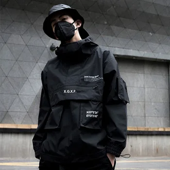 

2019 nova carga preta jaquetas blusão homens streetwear tático jaqueta pulôver multi-bolso masculino outono casaco com capuz