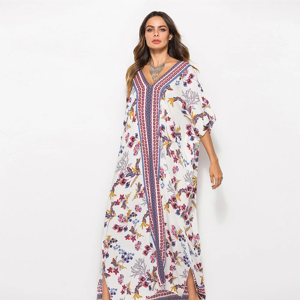 New Printed Bohemian Women Maxi Dress Batwing Sleeve Holiday Beach Wear Fashion Muslim Abaya Dubai Arabic Moroccan Robe VKDR1767 - Цвет: 02
