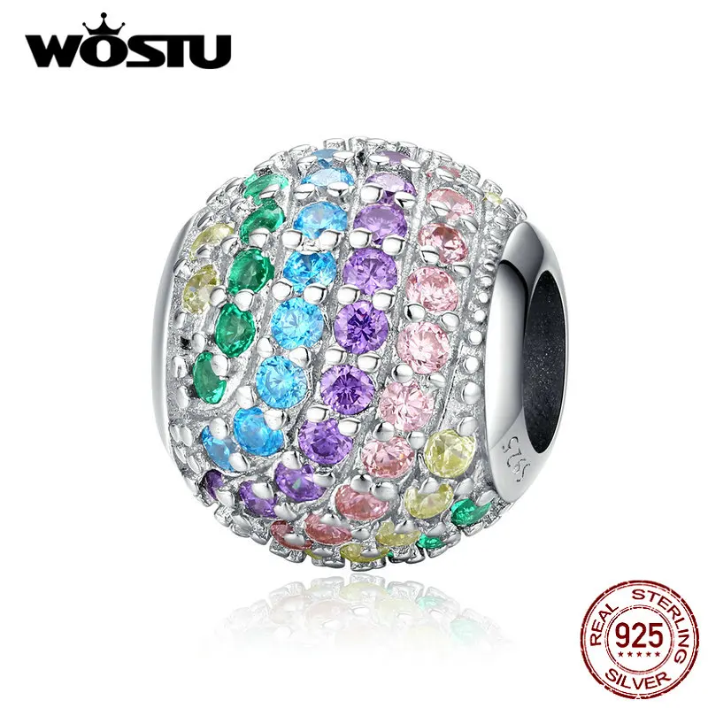 WOSTU, радужные круглые бусины, 925 пробы, серебро, разноцветный циркон, шарм, подходит для оригинального браслета, подвеска, серебро 925, ювелирное изделие, FIC1355