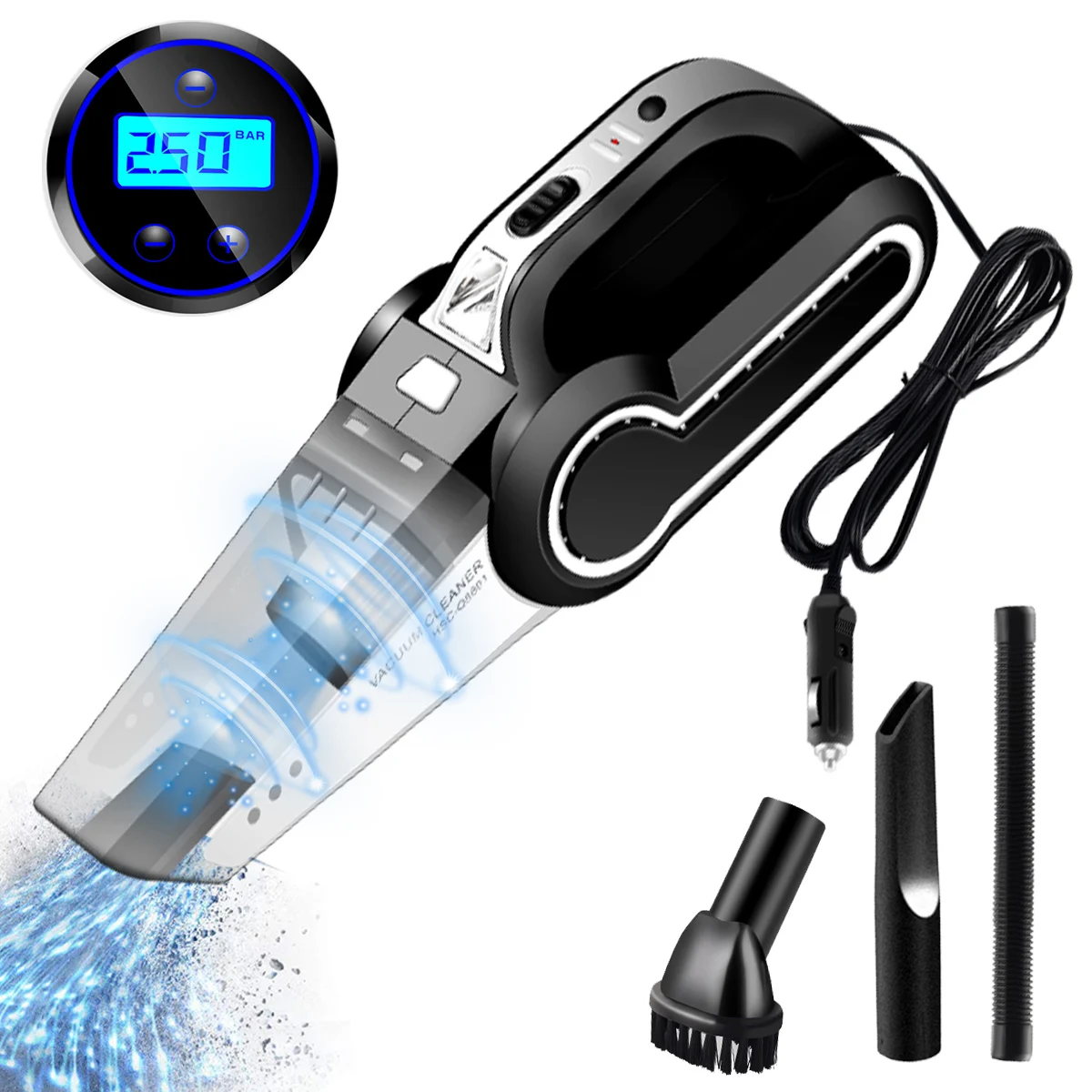 US $28.01 120W 3500mpa Suction Black MultiFunction Wired Car Vacuum Cleaner With LED Light Tire Gauge Tire Inflator Dry And Wet Dual Use