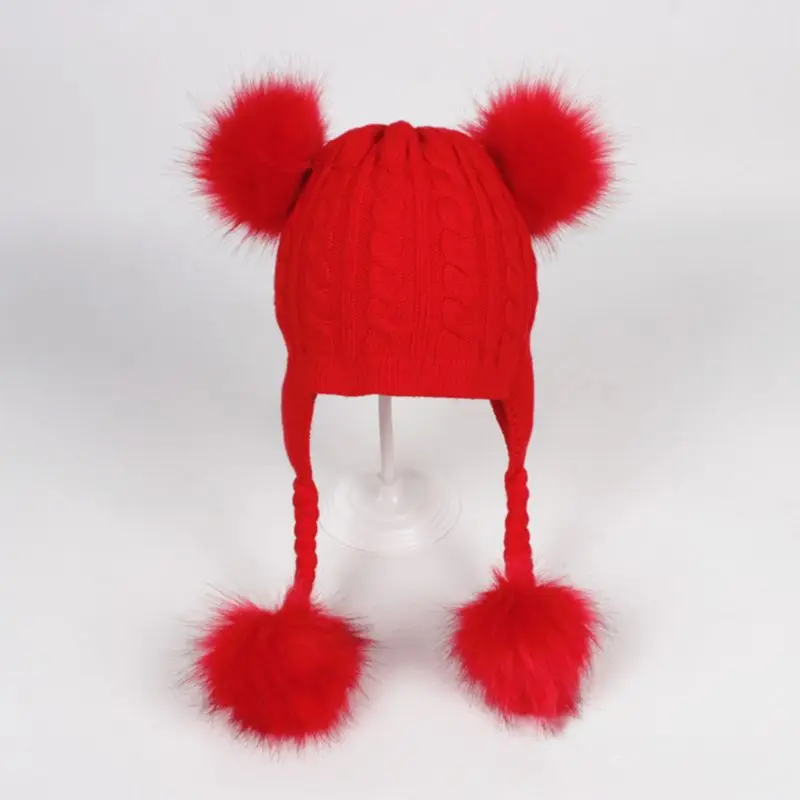 Детская вязаная шапочка однотонная простая стильная с 2 шариками детская теплая прекрасная шаль - Цвет: 1