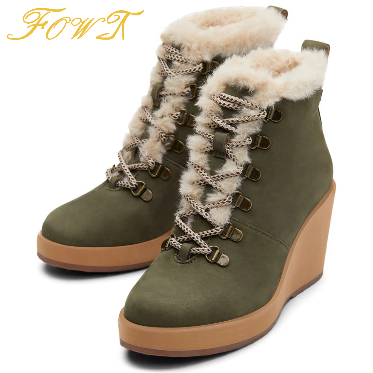 

Green Women Ankle Boots High Wedges Heels Plush Platform Lace Up Round Toe Booties Ladies Winter Party Shoes Large Size 45 46