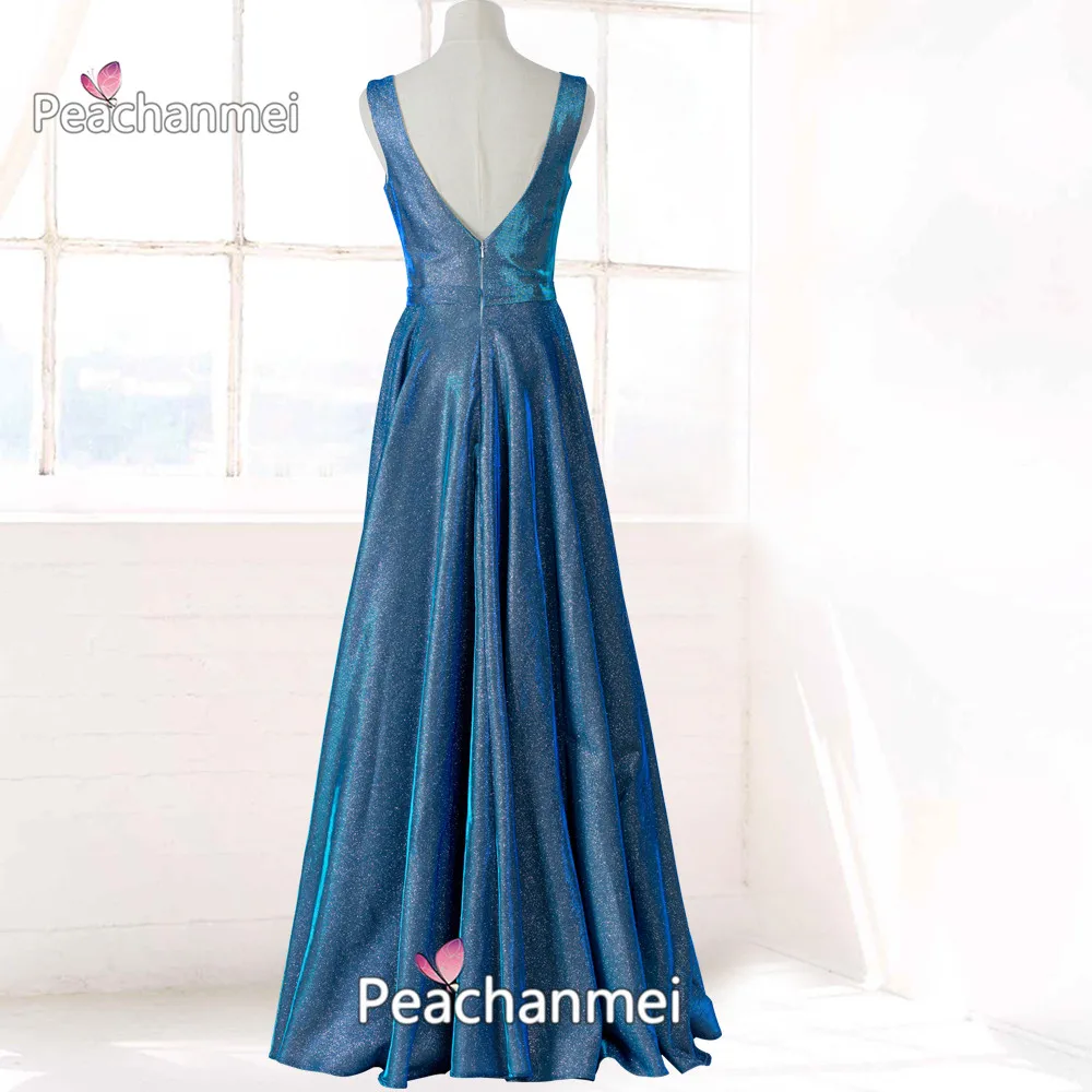 V Neck Long Charming Sparkle Evening Dress Robe De Soiree A Line Glitter Sequins Prom Dress Sexy Backless Party Ball Gowns 2020