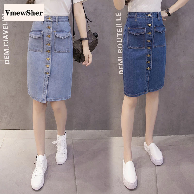 

VmewSher New Spring Autumn Women Denim Skirt Front Single Breasted Pockets Pencil Skirts Slim Office Lady Elegant Vintage Skirt