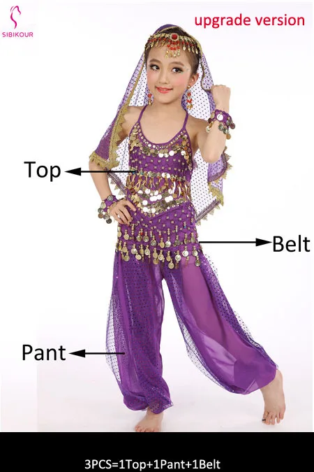 Purple 3pcs 8 цветов детский набор костюма для танца живота Восточные Танцевальные костюмы для девочек Египетский Болливуд индийский танец живота одежда - Цвет: Purple 3pcs